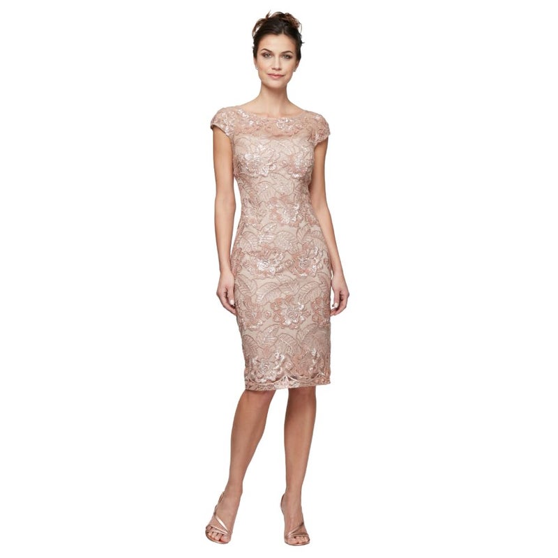 Alex Evenings Women's Short Floral Embroidered Cocktail Sheath Dress, Wedding Guest, Formal Gown (Petite and Regular Sizes), Rose Gold, 8 - Image 1